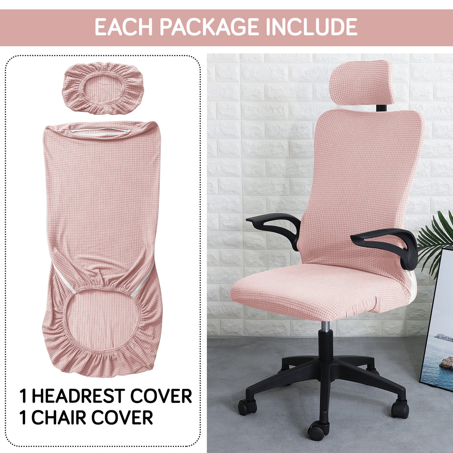 Water Repellent Office Chair Cover with Headrest (High-Back) – 210 GSM Stretch Jacquard – Washable, Anti-Slip Fit for Ergonomic Mesh Office Chairs, Pink