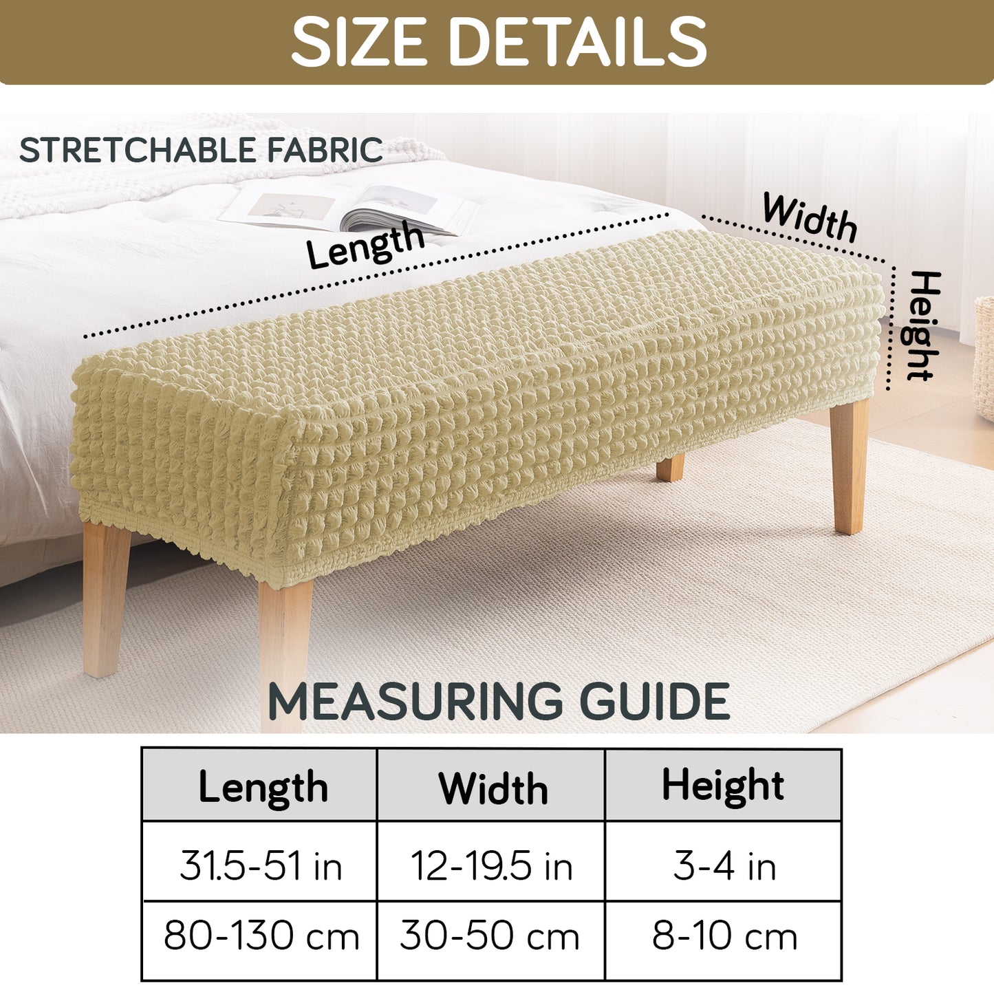 Aria Nova 280 GSM Stretchable Bubble Dining Bench Cover, Beige