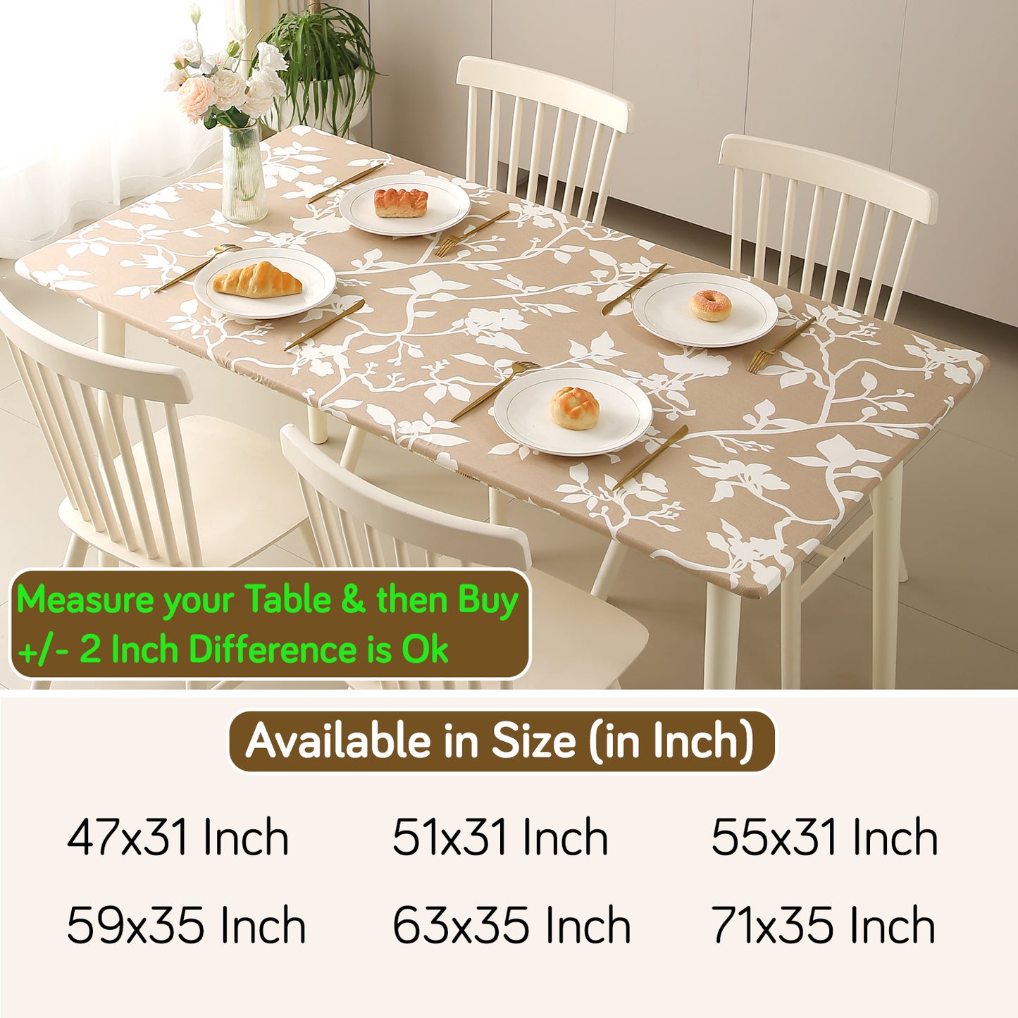 Printed Stretch Fit Water-Repellent & Anti-Slip Table Cloth Cover for 4 Seater / 6 Seater, Buff Brown Sillehoute Floral