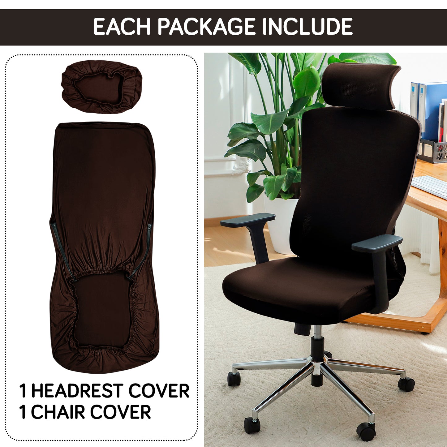 Office Chair Cover with Headrest (High-Back) – 140 GSM Stretch Fabric – Washable, Anti-Slip Fit for Ergonomic Mesh Office Chairs, Brown