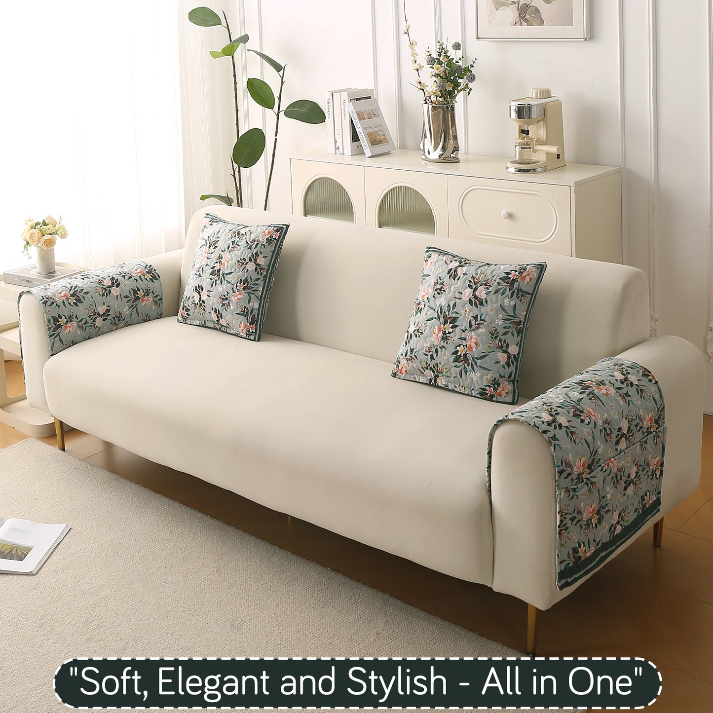 Florentina Series Printed Holland Velvet Sofa Mat - Magnolia Green