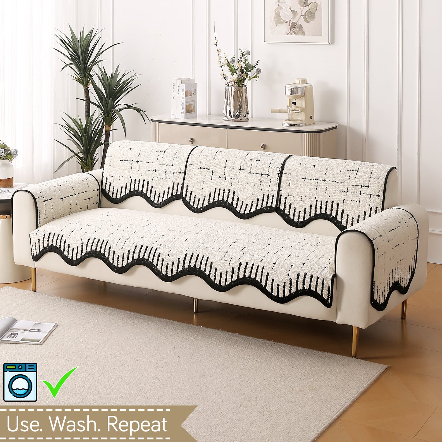 Premium Supple Soft Wavy with Curve Sofa Cover Mat, Off-White
