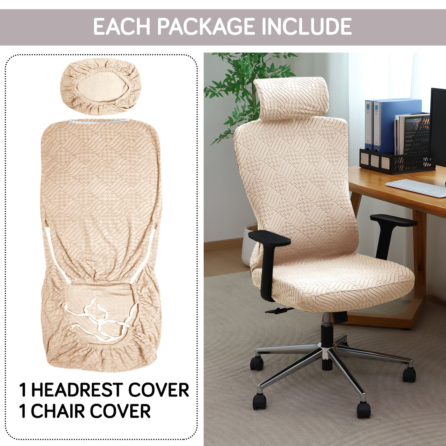Office Chair Cover with Headrest (High-Back) – 170 GSM Stretch Jacquard – Washable, Anti-Slip Fit for Ergonomic Mesh Office Chairs, Beige