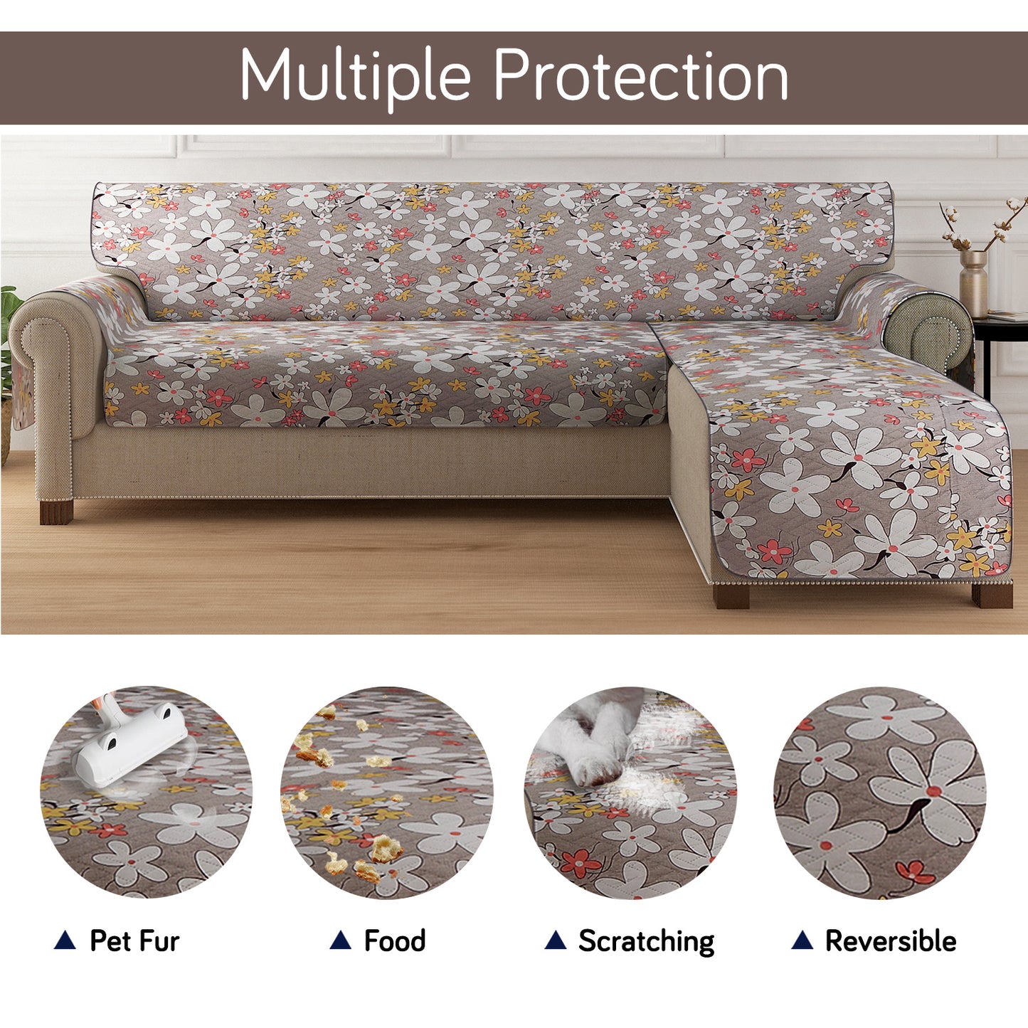 HomeHues Series Quilted Sofa Cover with Secure Fit Belt for L Shape sofa, Pastel Brown Sandwort Flower