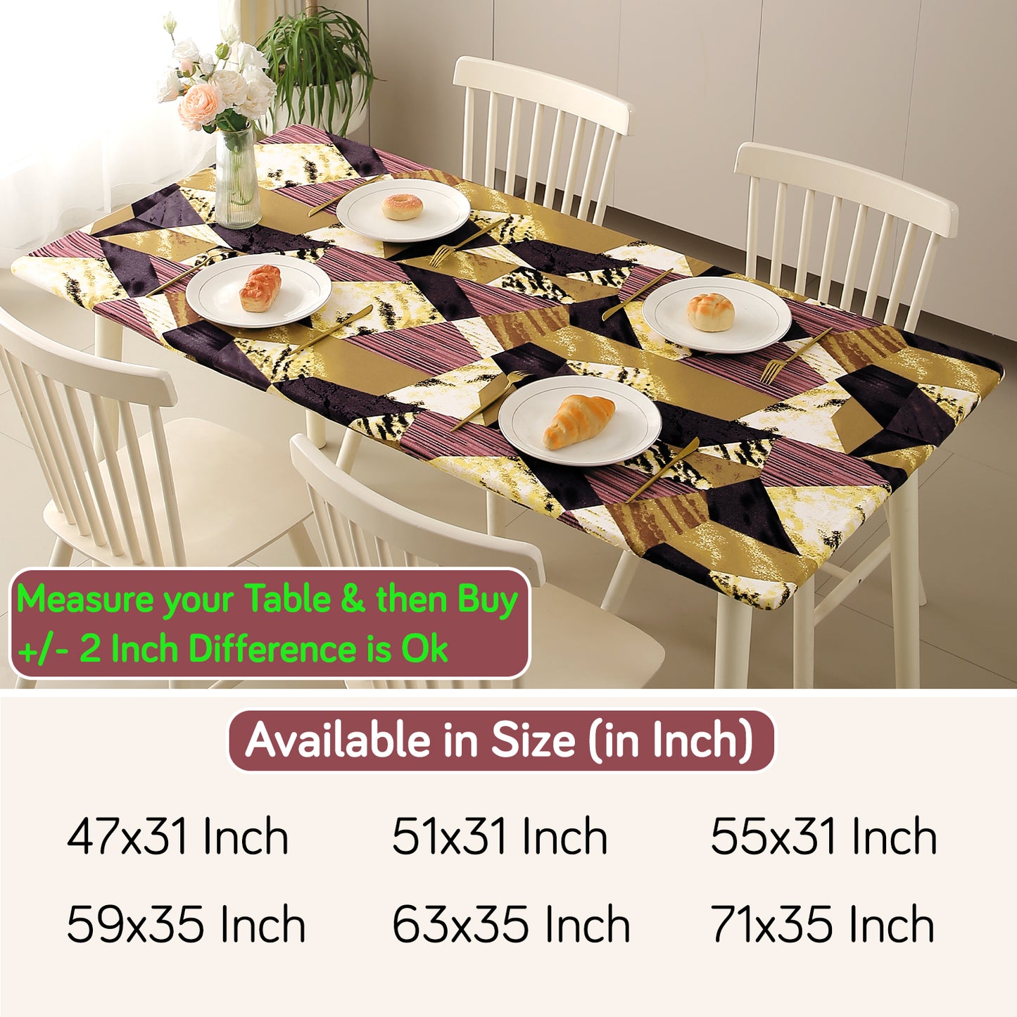Printed Stretch Fit Water-Repellent & Anti-Slip Table Cloth Cover for 4 Seater / 6 Seater, Wine Abstract Geometry