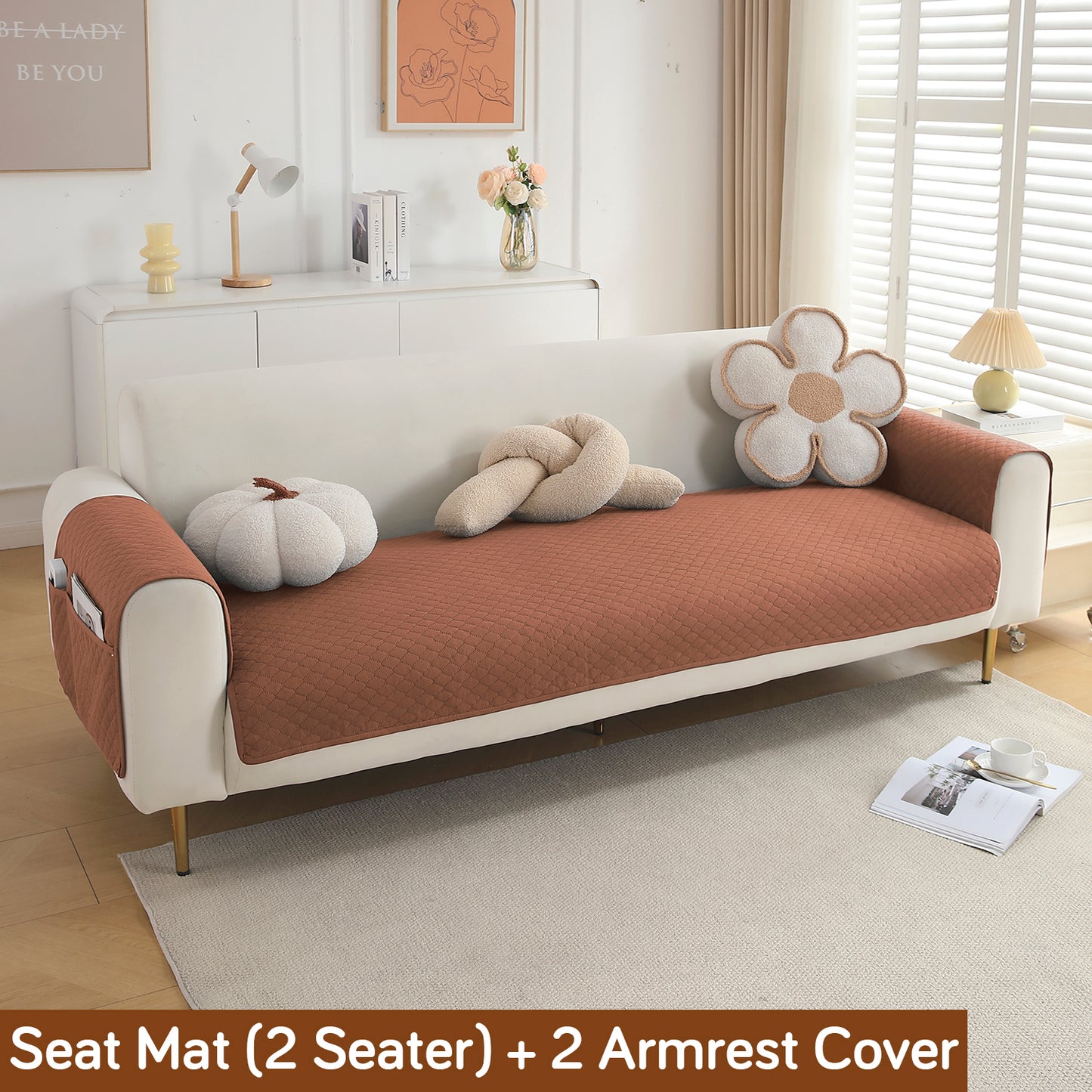 Quilted Sofa Cover Mat with 2 Armrest Covers Pockets, Brown