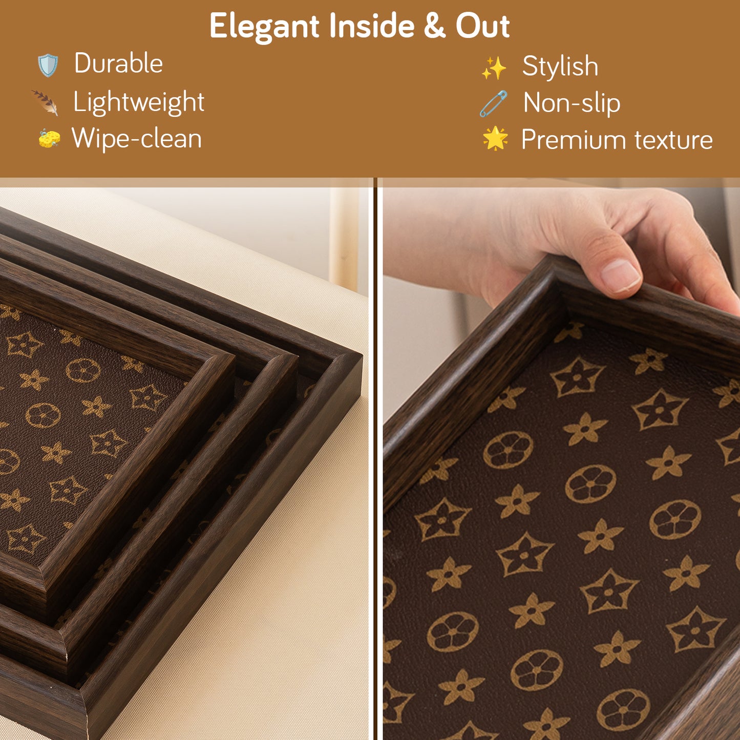 Wooden Serving Tray MDF Rectangular Eco-Friendly Trays Set of 3, Elegant Brown Finish