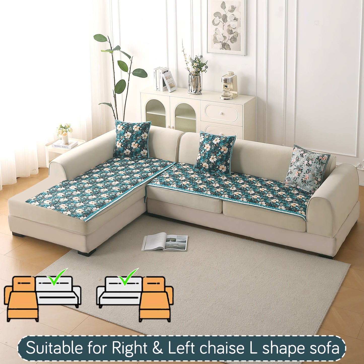 Florentina Series Quilted Holland Velvet L Shape Sofa Seat Mat - Pansies Teal