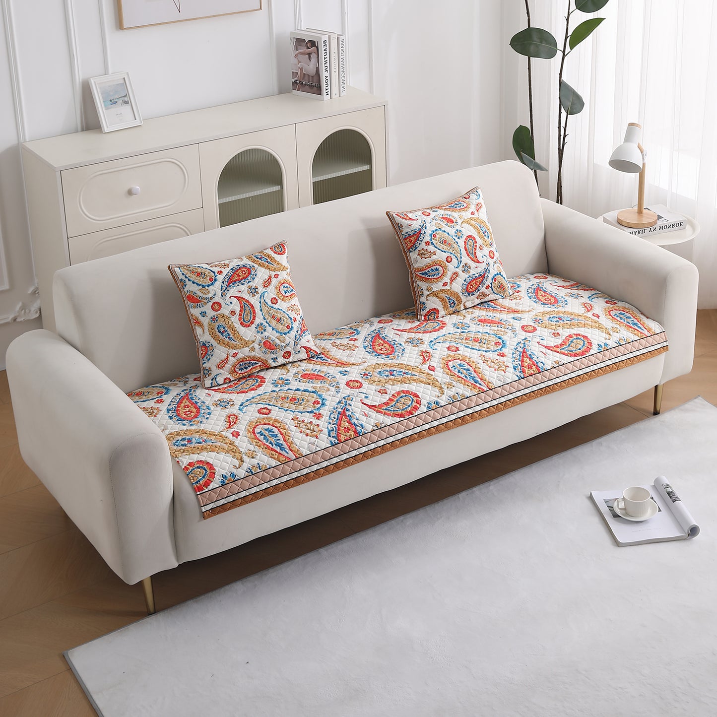 LiefNest Printed Holland Velvet Sofa Mat with Foam Filling - Paisley Multicolor for 1/2/3 Seater & Armrest