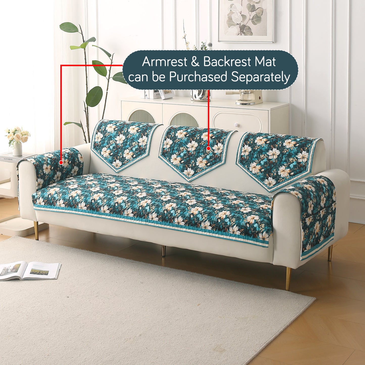 Florentina Series Printed Holland Velvet Sofa Mat - Pansies Teal