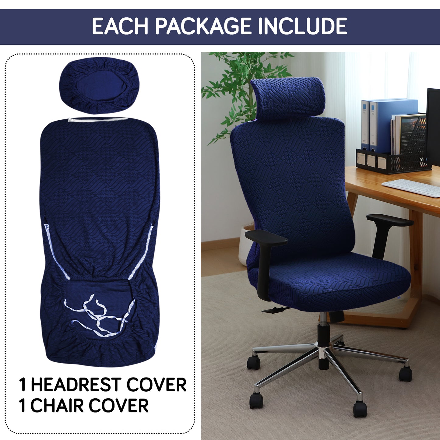 Office Chair Cover with Headrest (High-Back) – 170 GSM Stretch Jacquard – Washable, Anti-Slip Fit for Ergonomic Mesh Office Chairs, Navy Blue
