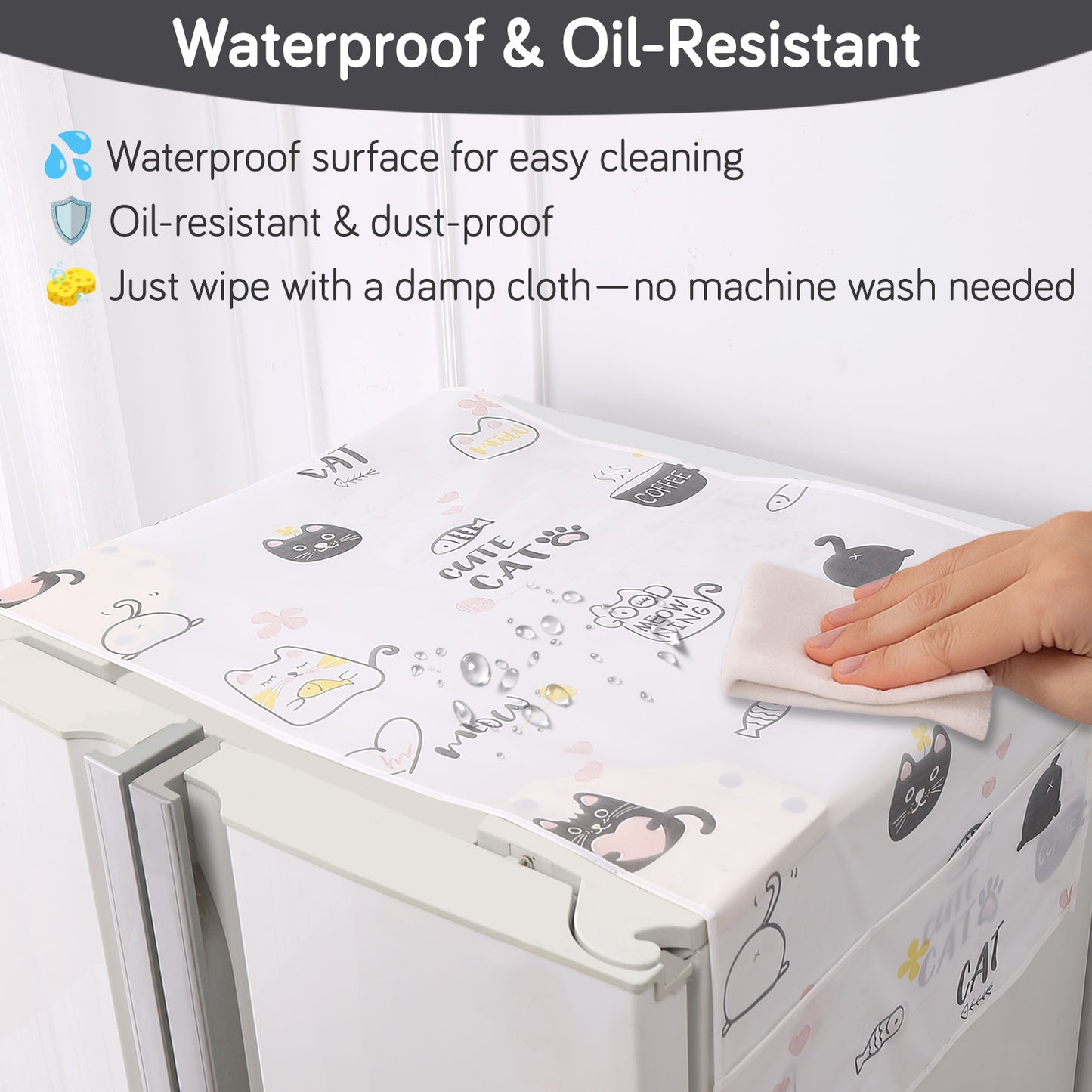 Small / Large Fridge Cover Top | For Smaller Single Door, Double Door and Bigger Double Door Refrigerator - Waterproof, Printed with 6 Side Pockets, Playful Cats