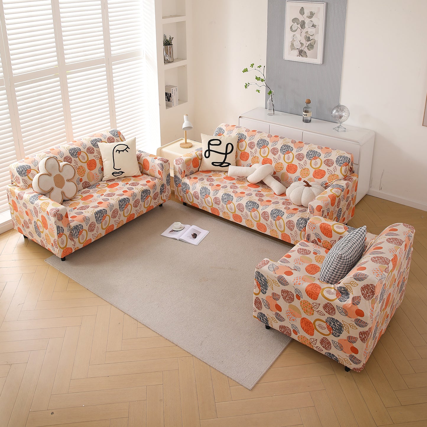 Premium Printed Velvet Sofa Cover 1/2/3 Seaters Fully Covered, Coral Autumn Leaves