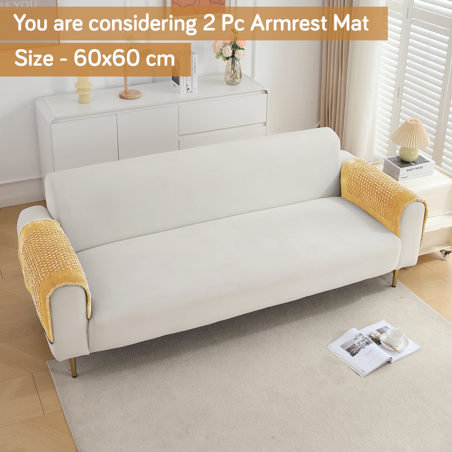HOKIPO 2 Pcs Handloom Thick Poly Velvet Reversible Sofa Armrest Cover, Buff Cream