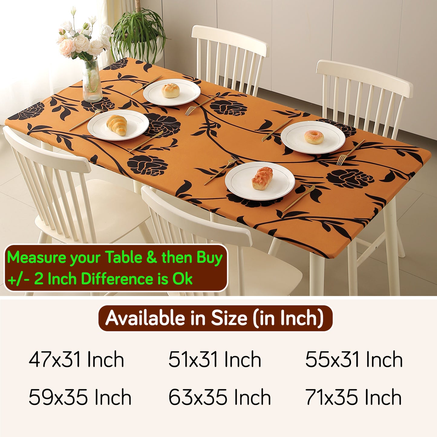 Printed Stretch Fit Water-Repellent & Anti-Slip Table Cloth Cover for 4 Seater / 6 Seater, Copper Brown Floral