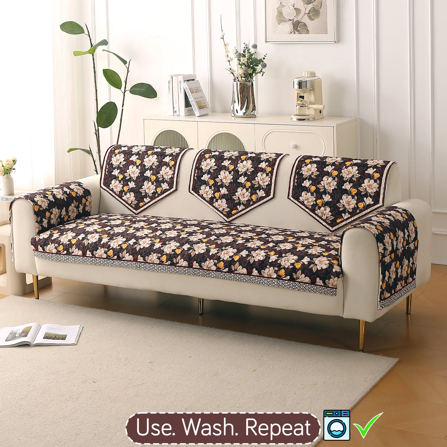 Florentina Series Printed Holland Velvet Sofa Mat - Camellia Brown