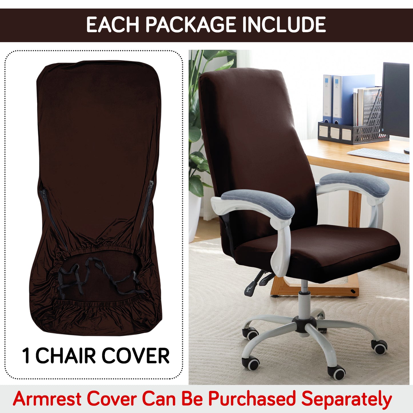 Office Chair Cover for Executive Chair (High-Back) – 140 GSM Stretch Fabric – Washable, Durable & Anti-Slip – Fits High-Back Office Chairs, Brown