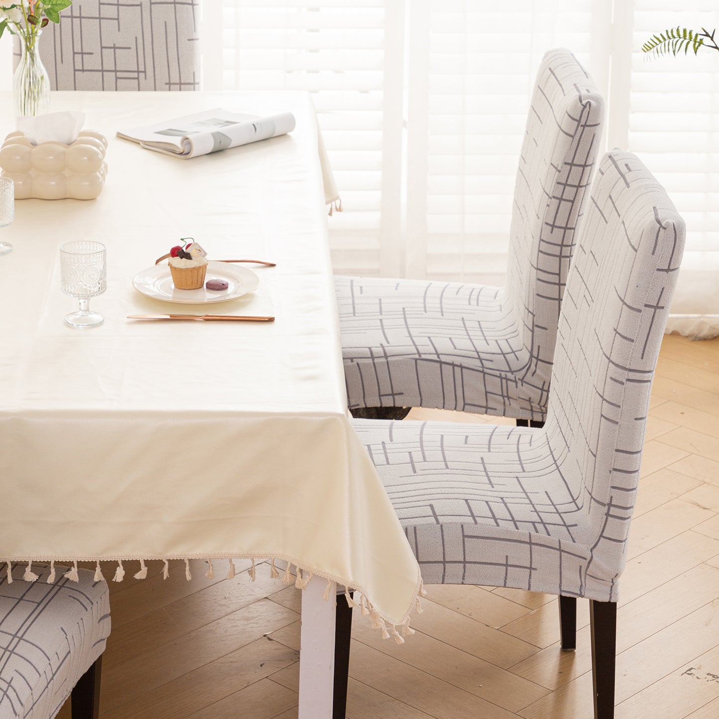 'Crossline Series' 180 GSM Jacquard Chair Cover Set 1/2/4/6, Light Grey