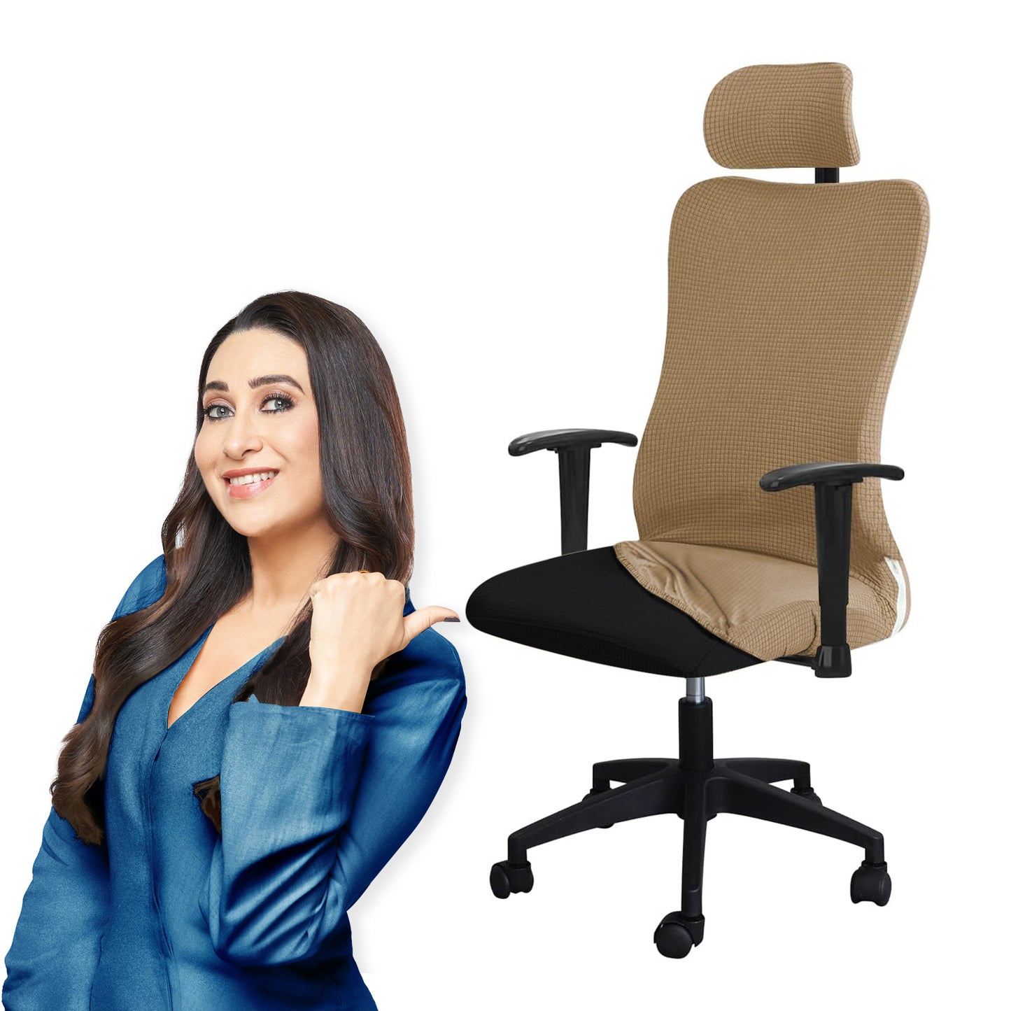 Stretchable Jacquard Office Boss Chair Seat Cover with Headrest Cover for Computer Desk Chair, Light Brown