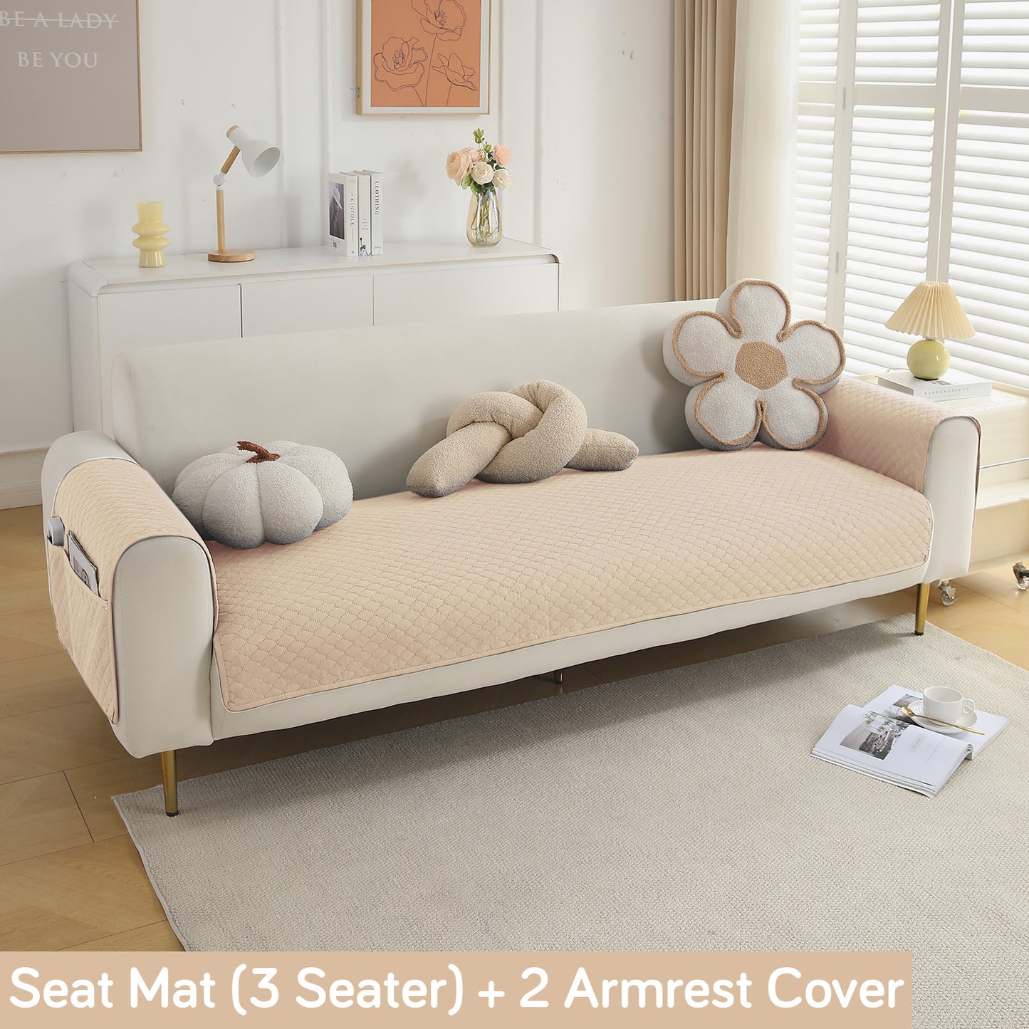 Quilted Sofa Cover Mat with 2 Armrest Covers Pockets, Beige