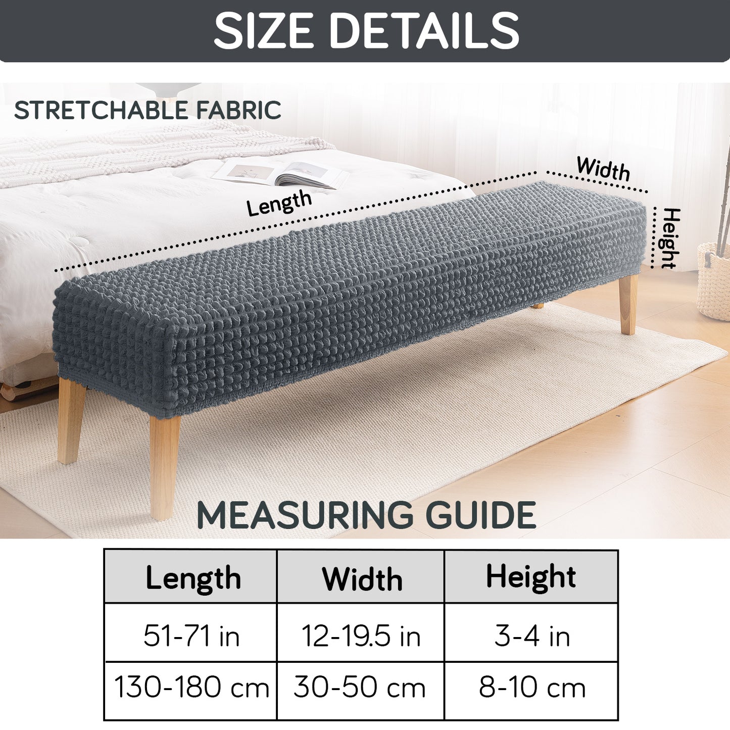Aria Nova 280 GSM Stretchable Bubble Dining Bench Cover, Dark Grey