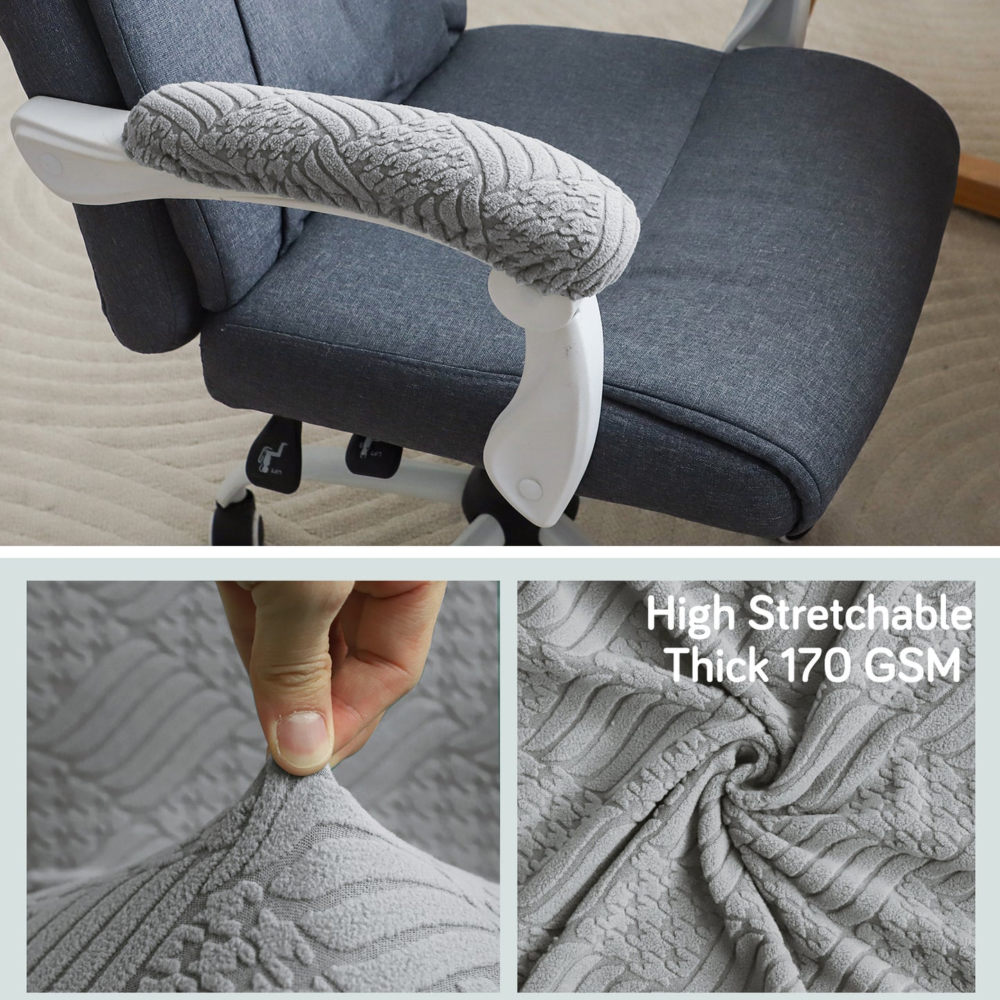 170gsm Jacquard Office Chair Arm Rest Cover (Elastic Style), 1 Pair, Light Grey