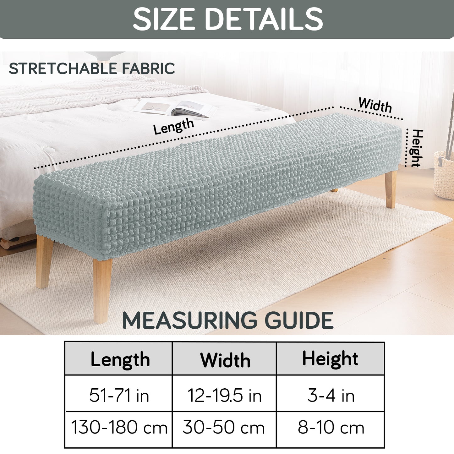 Aria Nova 280 GSM Stretchable Bubble Dining Bench Cover, Light Grey