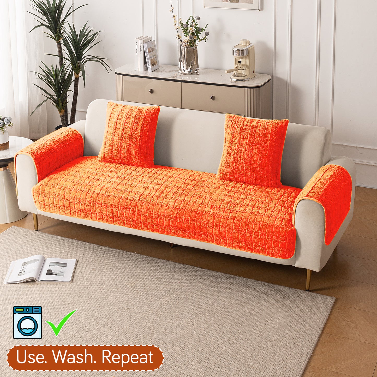 Premium Plush Sofa Cover Mat with 2 Arm Cover, Orange