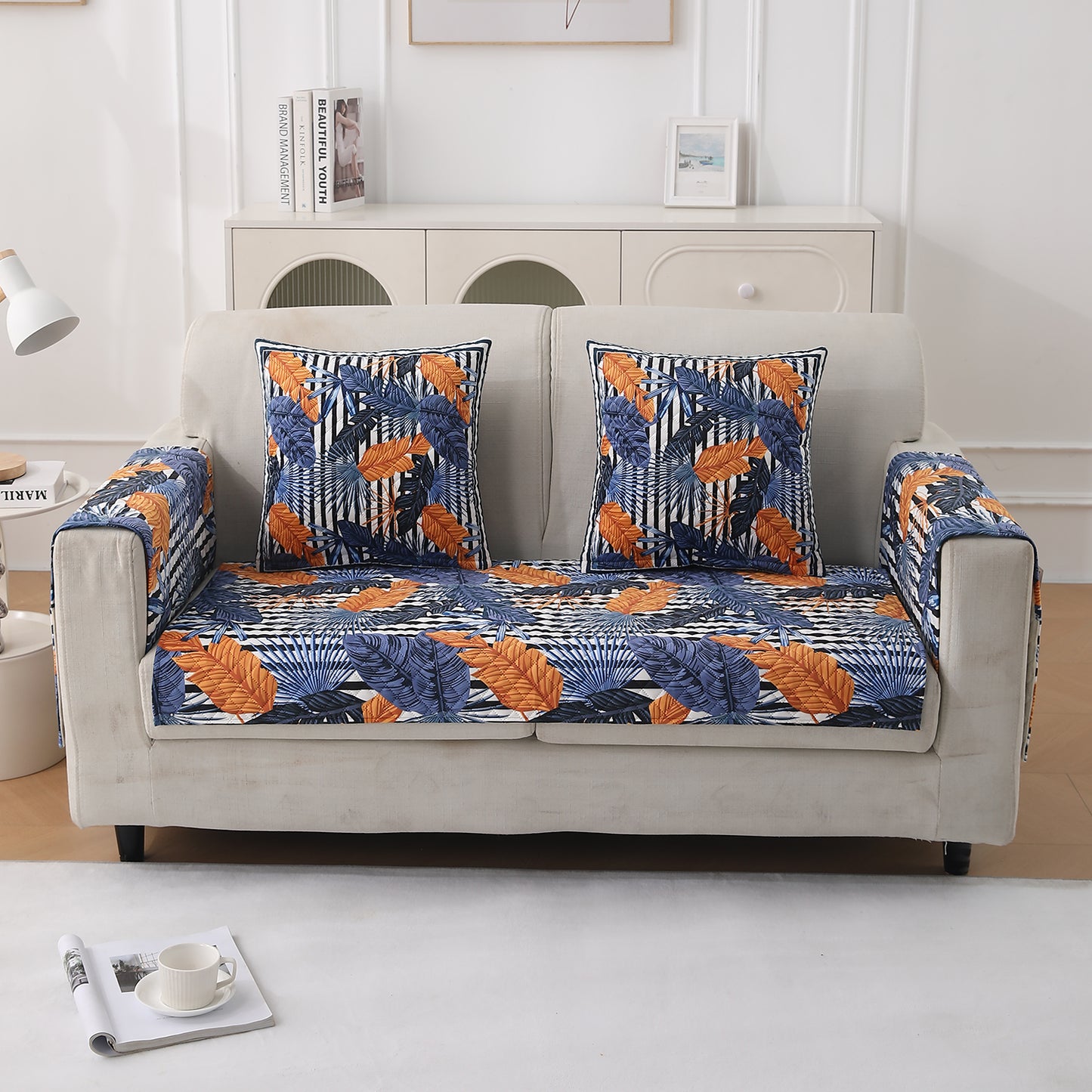 LiefNest Printed Holland Velvet Sofa Mat with Foam Filling - Tropical Leaves Dusk Blue for 1/2/3 Seater & Armrest