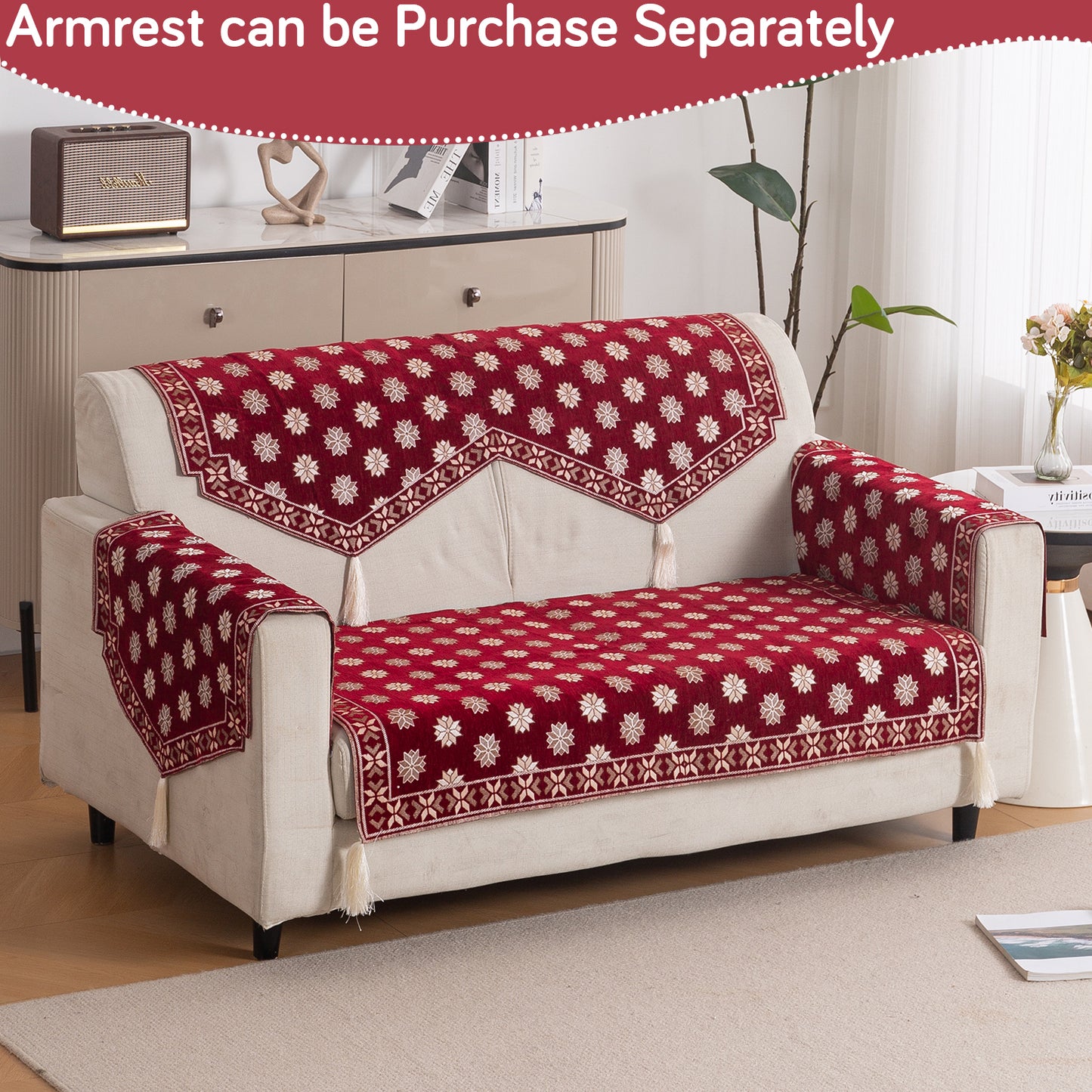 Heritage Weave Premium Jacquard Sofa Cover Set with Tassels - Crimson Red