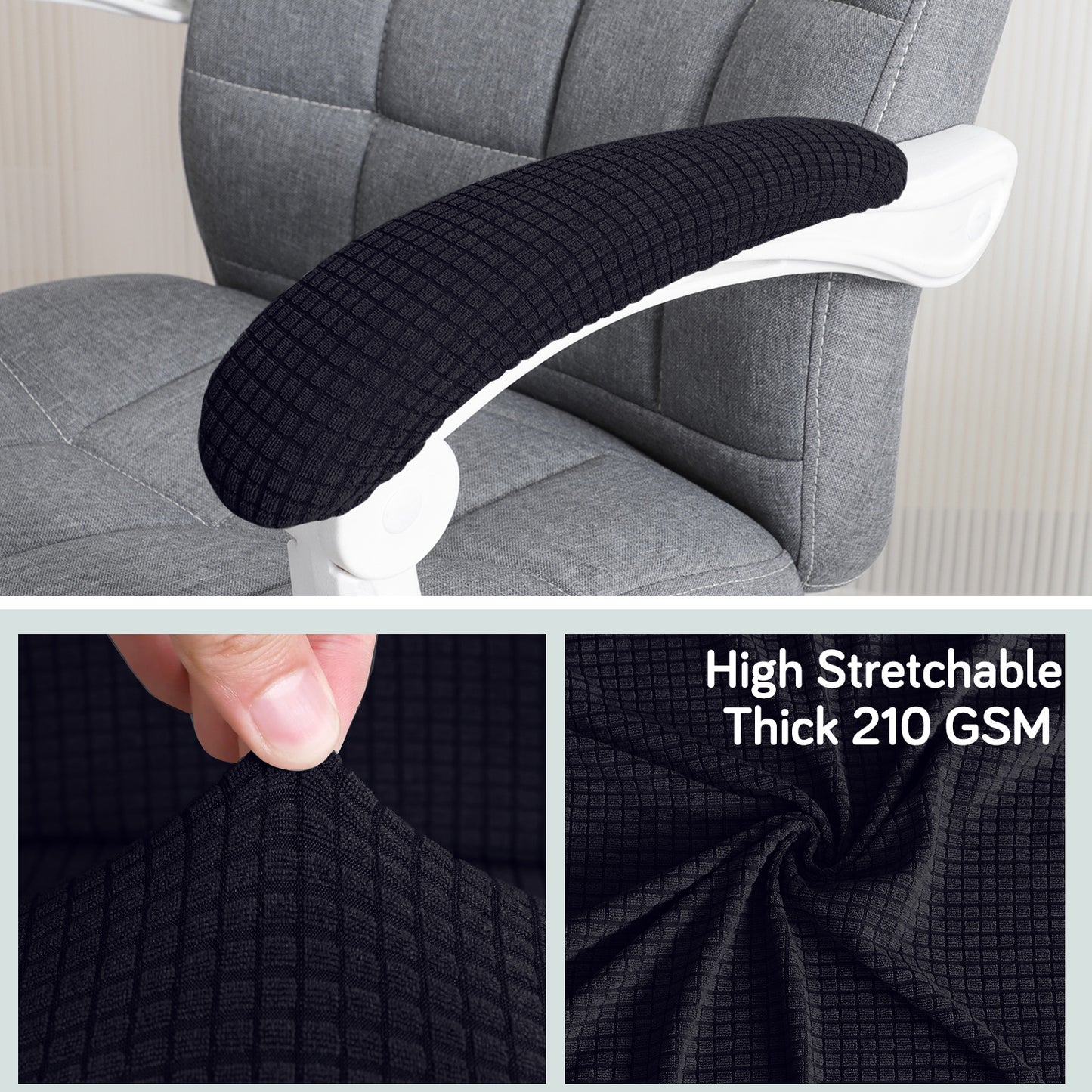 210gsm Jacquard Water Repellent Armrest Covers for Office Chair (Elastic Style), 1 Pair, Black