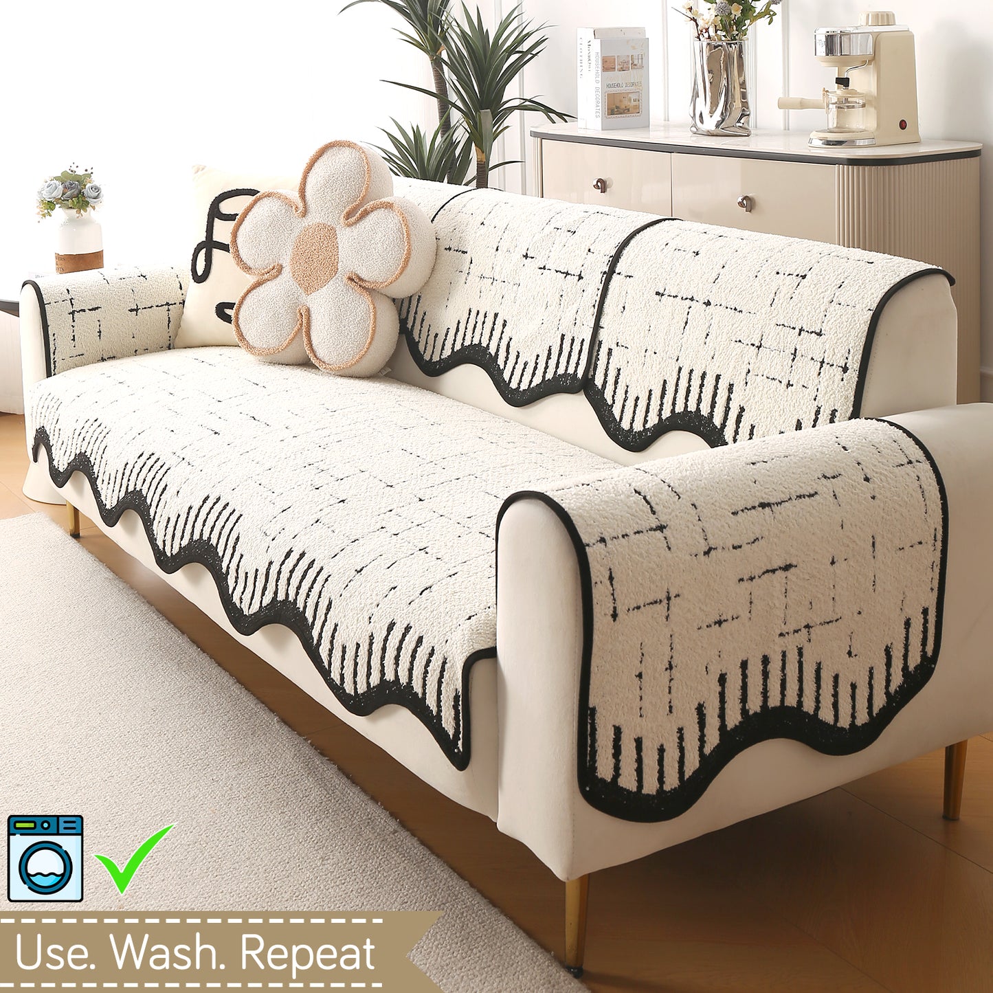 Premium Supple Soft Wavy with Curve Sofa Cover Mat, Off-White