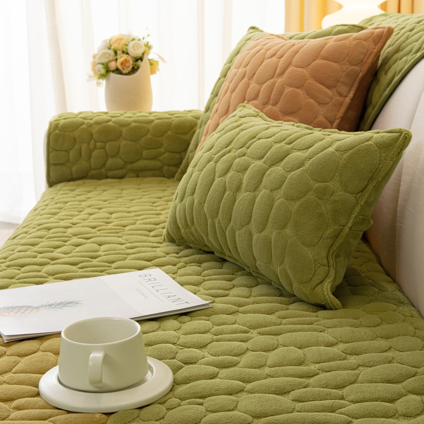 Premium Pebble Milk Velvet Anti Slip Sofa Mat for 1/2/3 Seater, Pristine Green