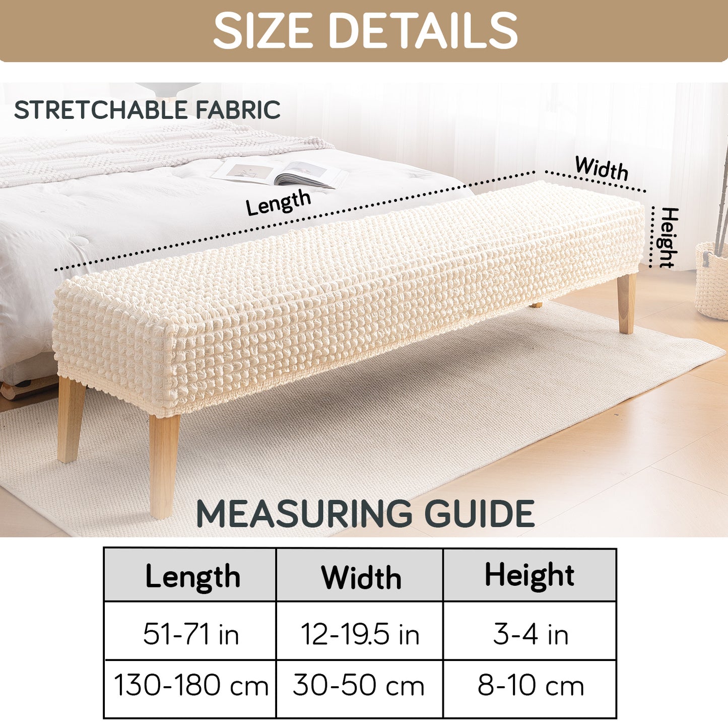 Aria Nova 280 GSM Stretchable Bubble Dining Bench Cover, Light Cream