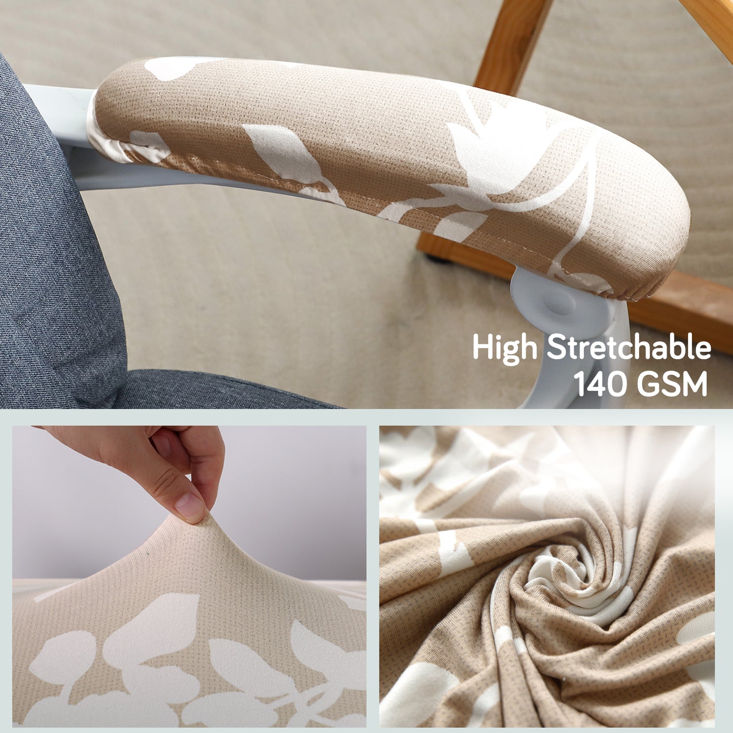 140gsm Printed Armrest Covers for Office Chair (Elastic Style), 1 Pair, Buff Brown Sillehoute Floral