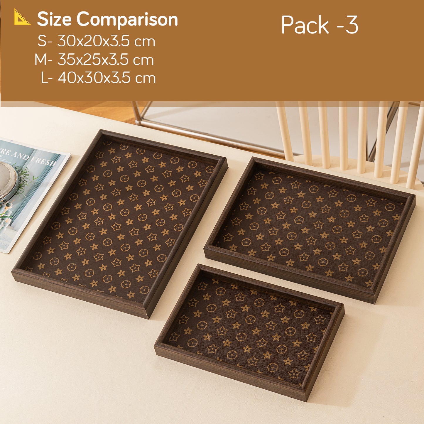 Wooden Serving Tray MDF Rectangular Eco-Friendly Trays Set of 3, Elegant Brown Finish