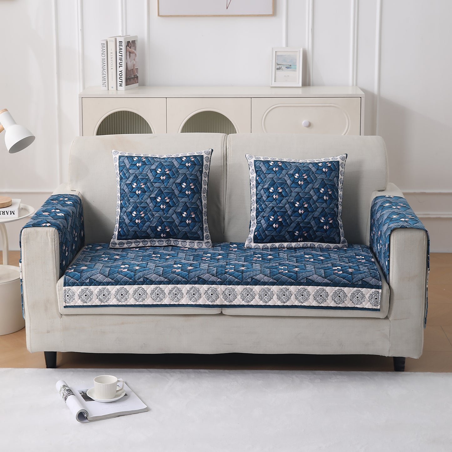 LiefNest Printed Holland Velvet Sofa Mat with Foam Filling - Geometric Floral Oriental Blue for 1/2/3 Seater & Armrest