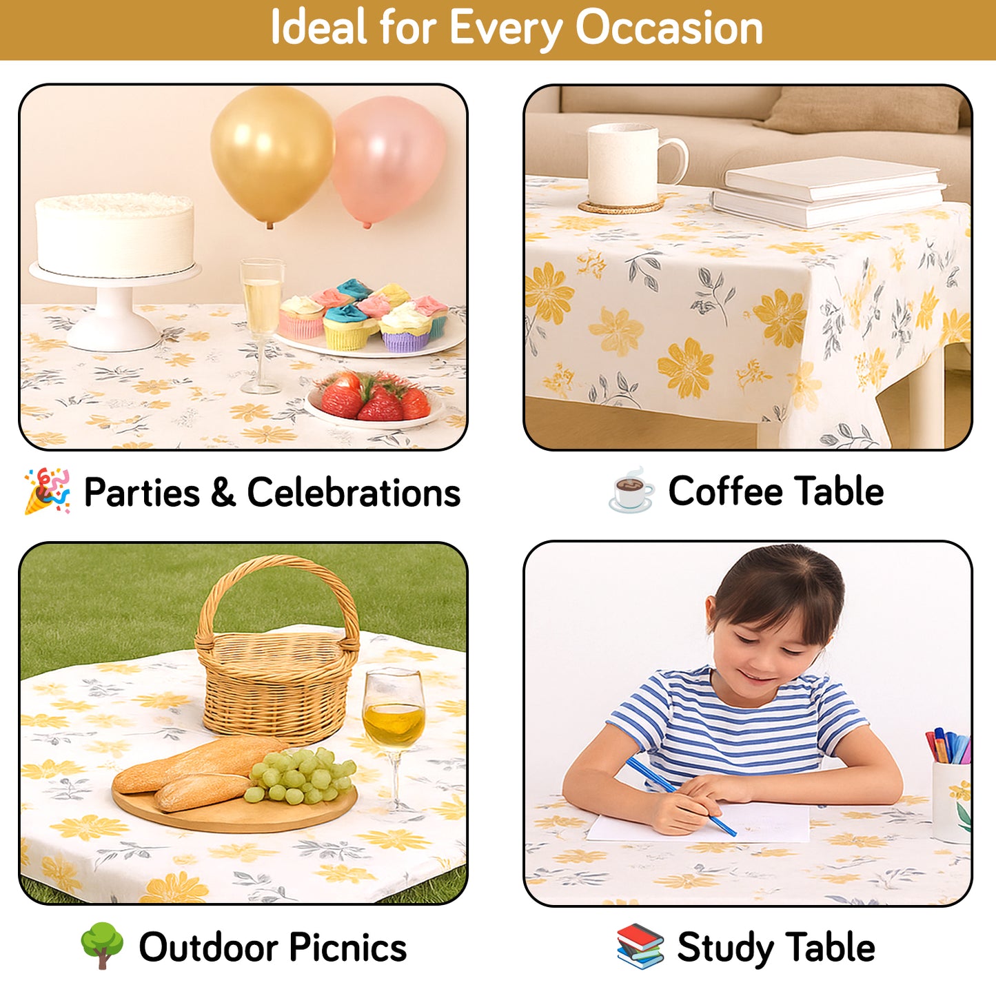 PEVA Waterproof Table Cover Cloth for 2/4/6 Seater Dining Table | Dustproof Table Cloth for Center Table, Study & Coffee Table, Butterscotch Yellow Daisy