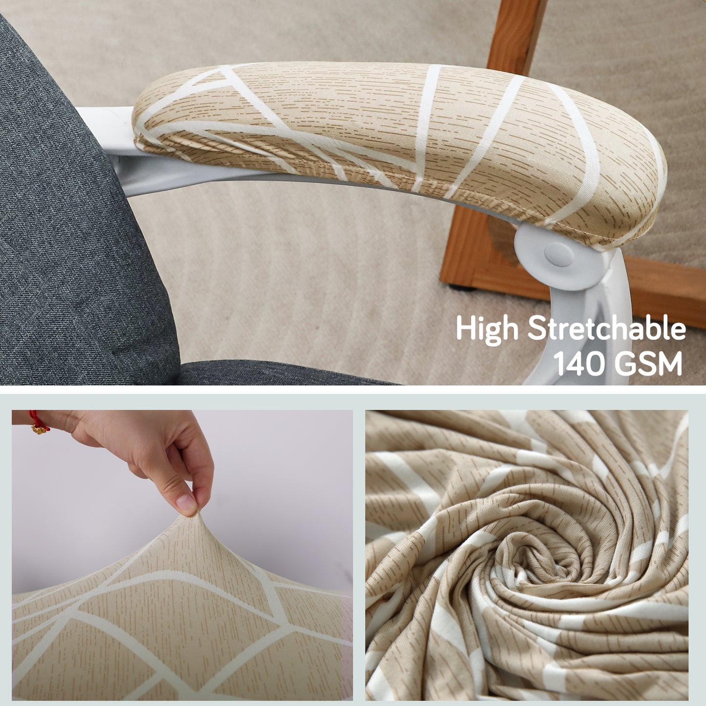 140gsm Printed Armrest Covers for Office Chair (Elastic Style), 1 Pair, Beige Abstract Geometry
