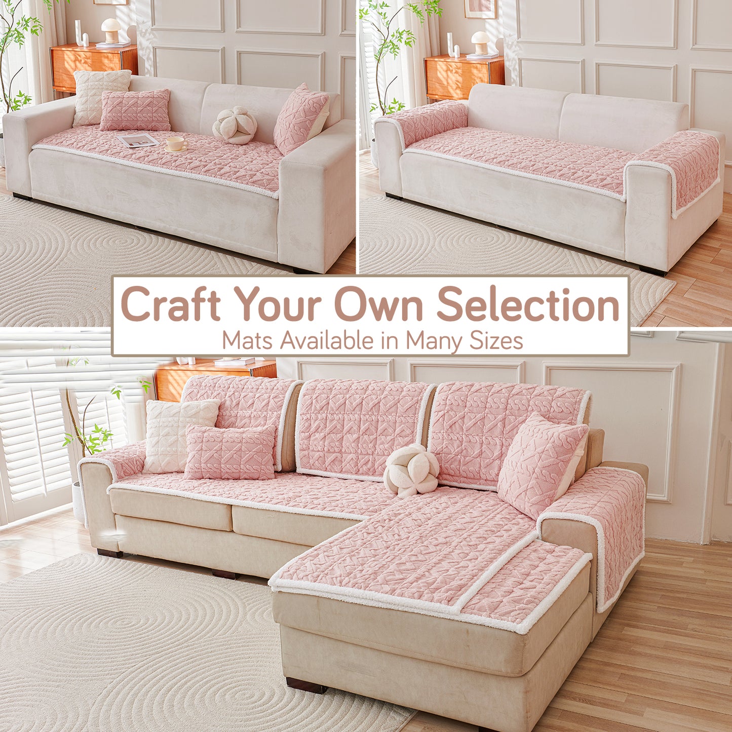 'Italian Caelora' Luxury Jacquard Plush Sofa Cover Mat and Anti-Slip Armrest Covers - Misty Rose