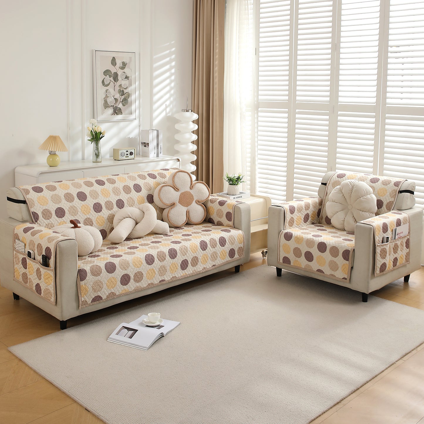 3+1 Seater Brown Polka Dot Printed quilted sofa cover
