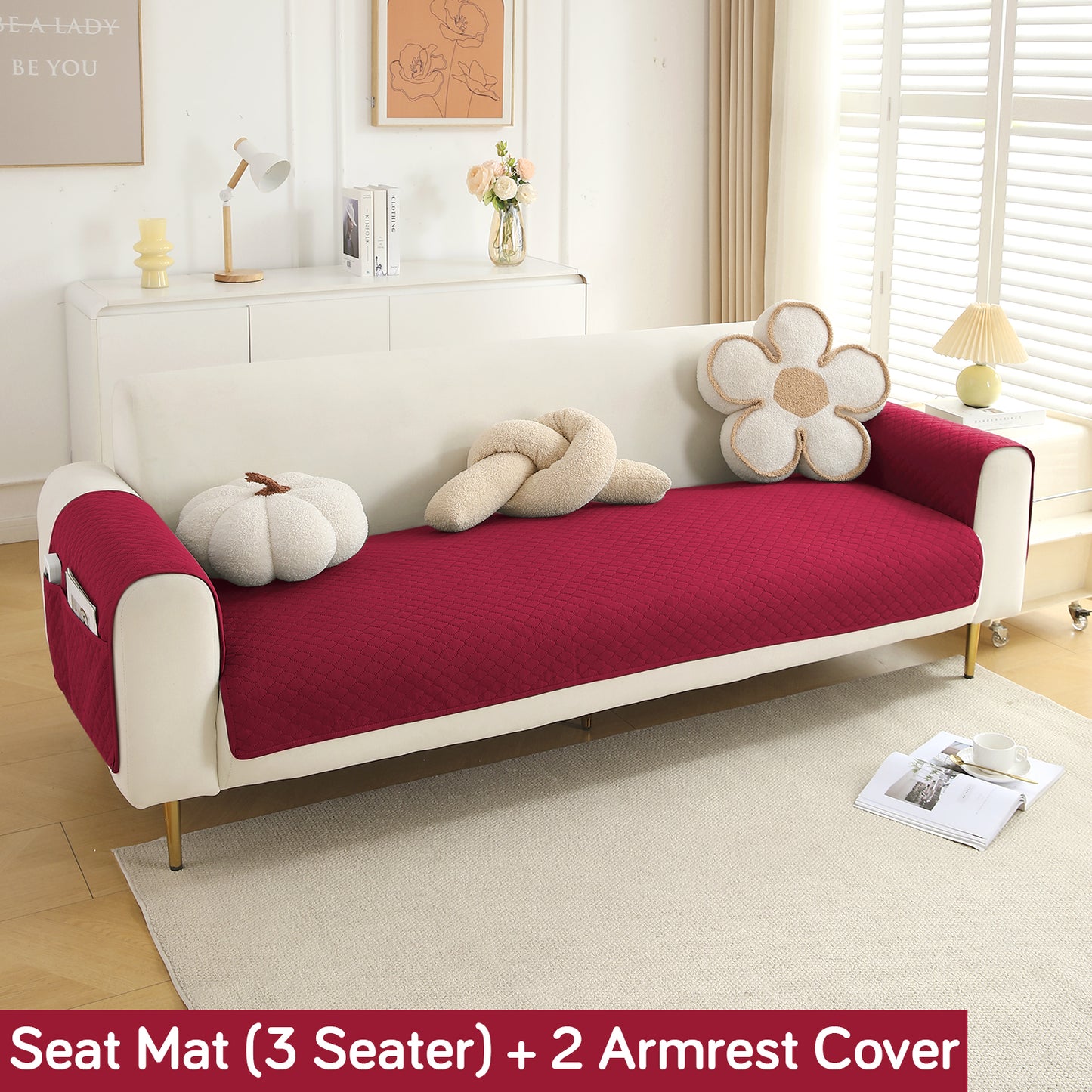Quilted Sofa Cover Mat with 2 Armrest Covers Pockets, Maroon