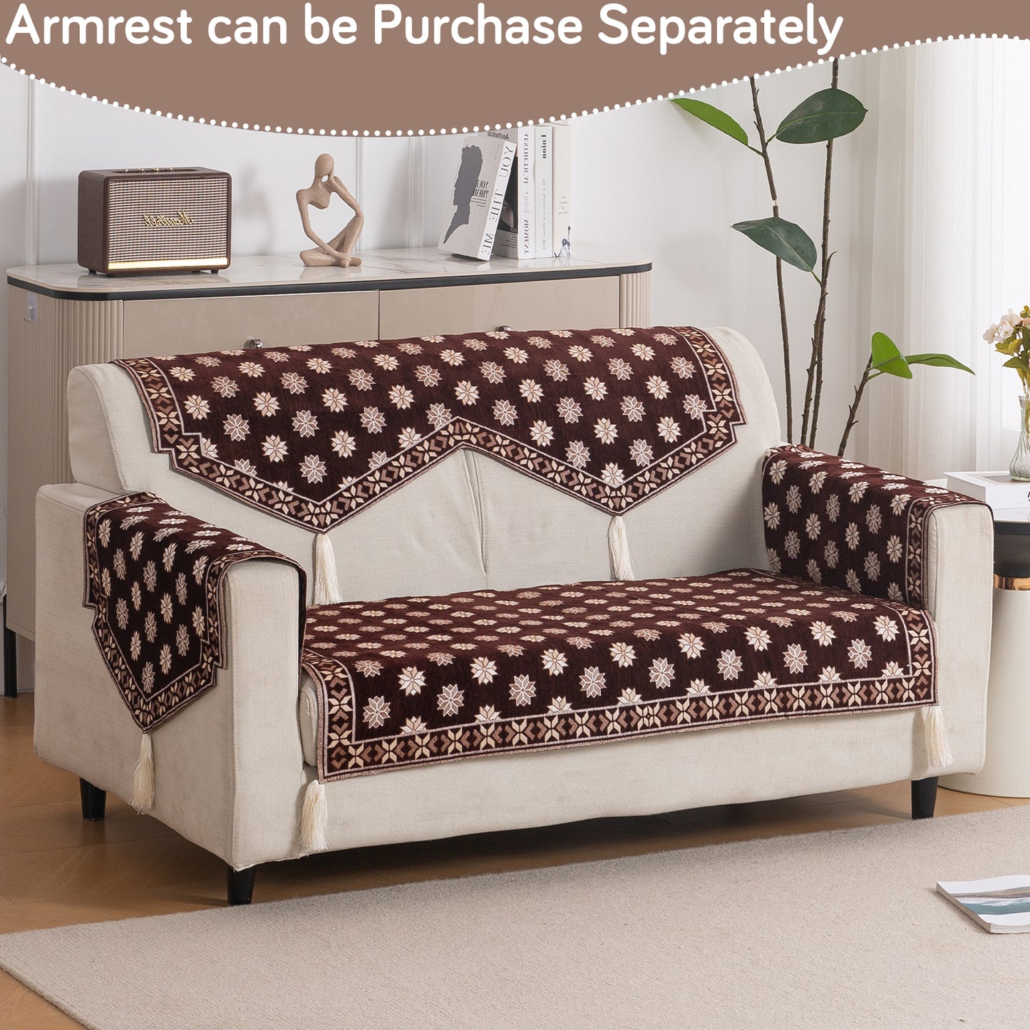 Heritage Weave Premium Jacquard Sofa Cover Set with Tassels - Coffee Brown