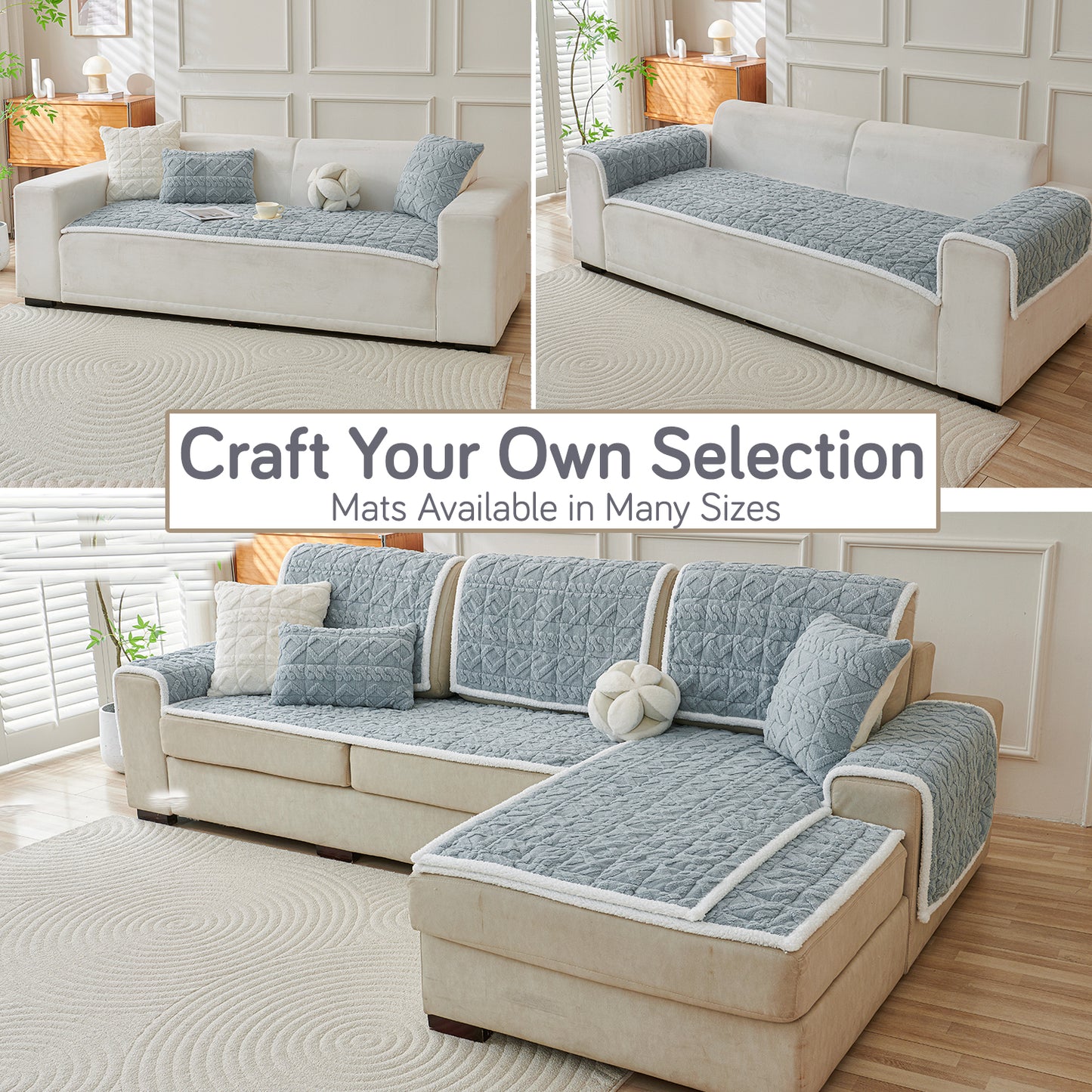 'Italian Caelora' Luxury Jacquard Plush Sofa Cover Mat and Anti-Slip Armrest Covers - Powder Blue