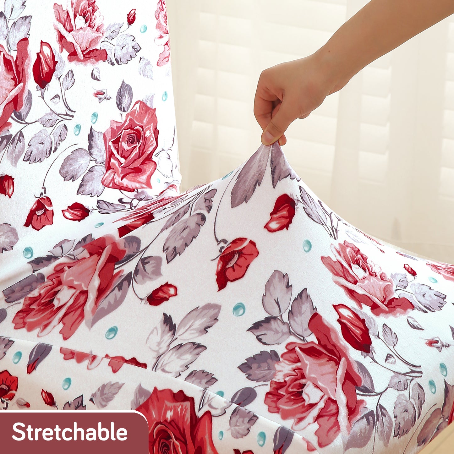 Premium Printed Velvet Dining Chair Cover Set, Red Cottage Rose
