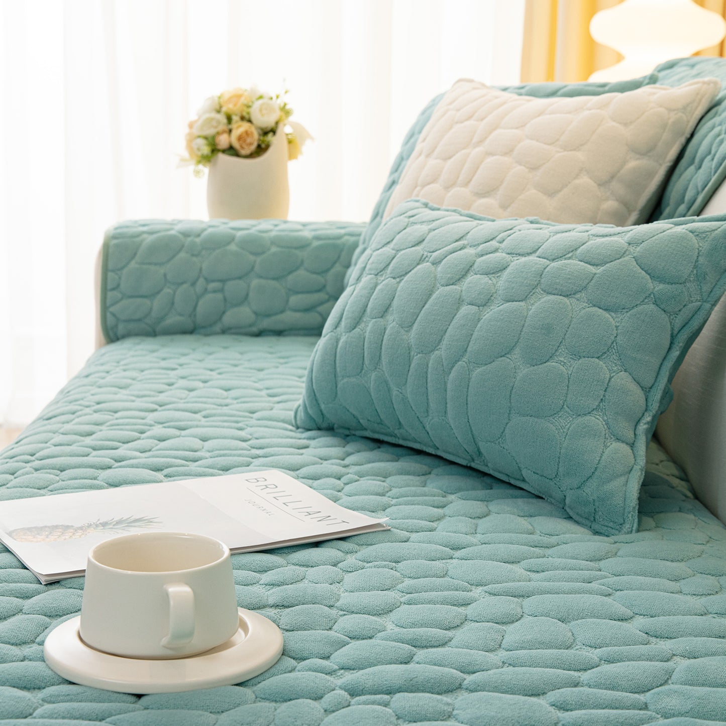 Premium Pebble Milk Velvet Anti Slip Sofa Mat for 1/2/3 Seater, Fog Blue