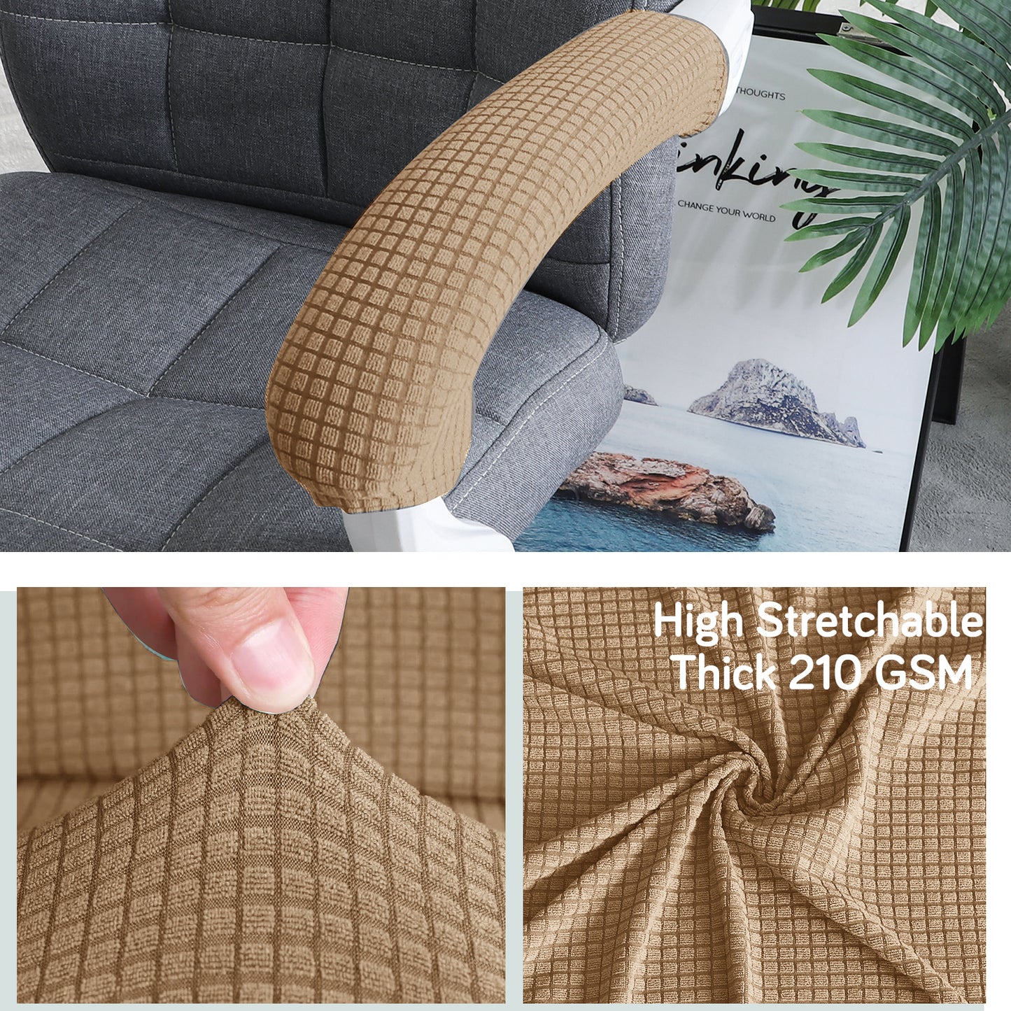 210gsm Jacquard Water Repellent Armrest Covers for Office Chair (Zipper Style), 1 Pair, Camel