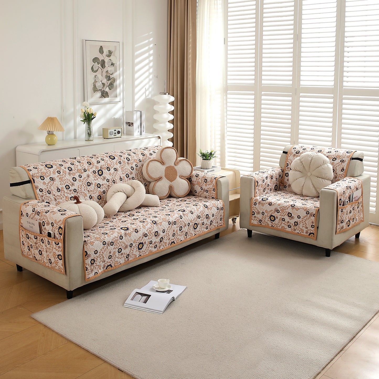 Quilted Sofa Cover with Pockets, Light Peach Candytuft