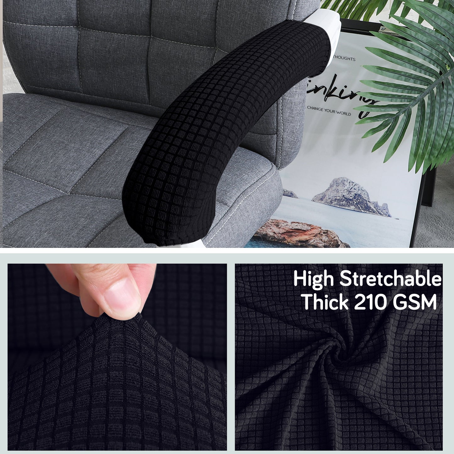 210gsm Jacquard Water Repellent Armrest Covers for Office Chair (Zipper Style), 1 Pair, Black