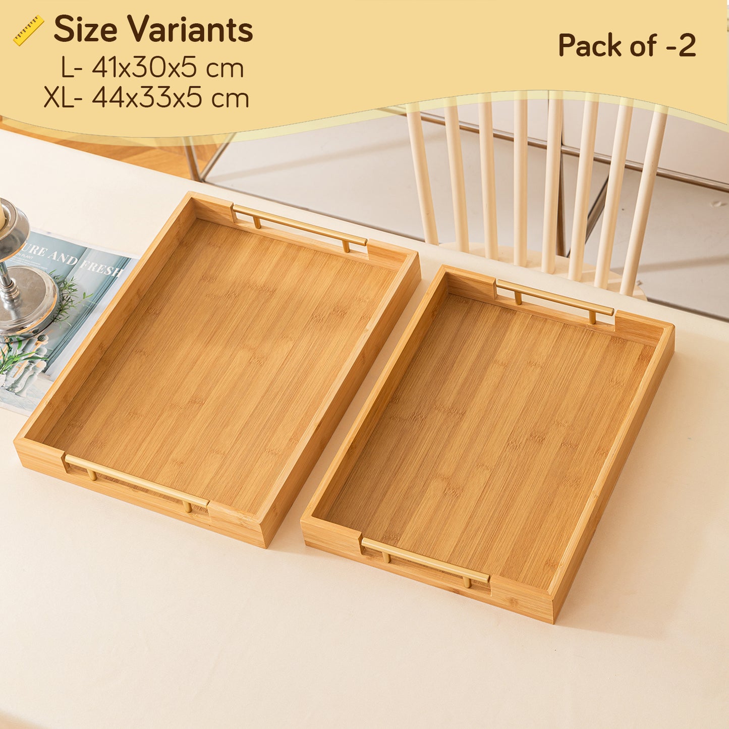 Bamboo Set of 2/3 Serving Tray Set with Gold Handles – Elegant Wooden Trays for Kitchen
